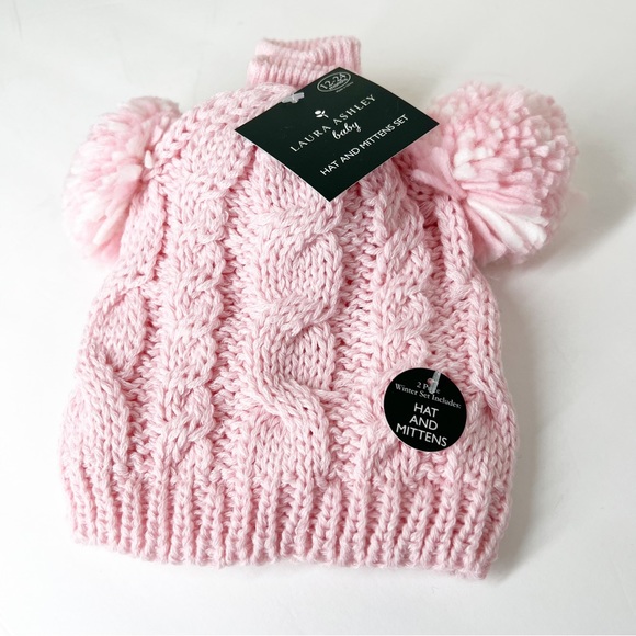 Laura Ashley Other - LAURA ASHLEY NWT baby PINK cable knit POM POM hat & mittens SET 12-24‎ Months